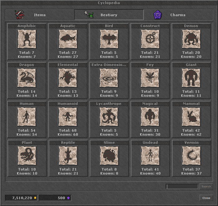 Categorias do Bestiary na Cyclopedia de Tibia