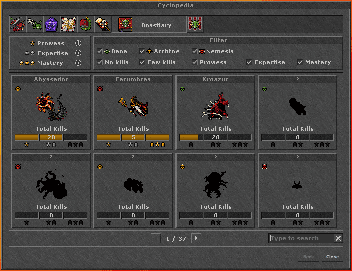Interface do Bosstiary de Tibia