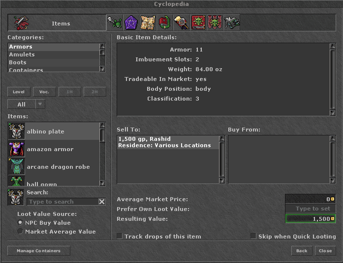 Seção Items da Cyclopedia de Tibia