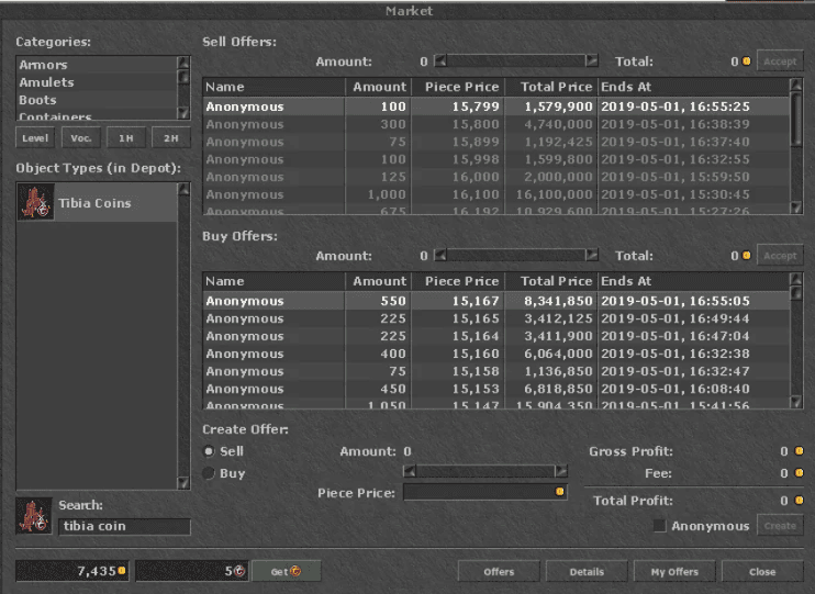 Interface do Market de Tibia