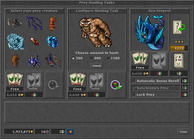 Interface do Prey System de Tibia