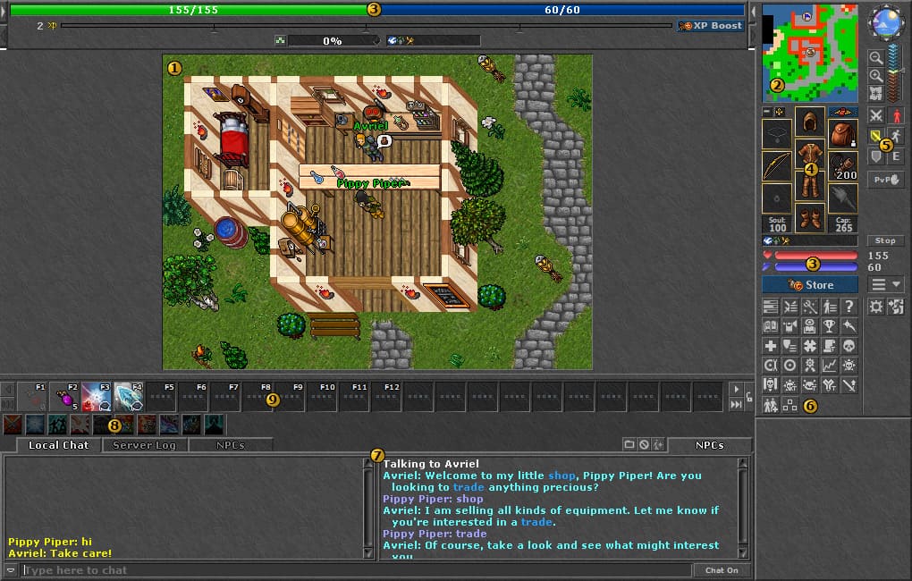 Tutorial inicial de Tibia ensinando a interação com NPCs